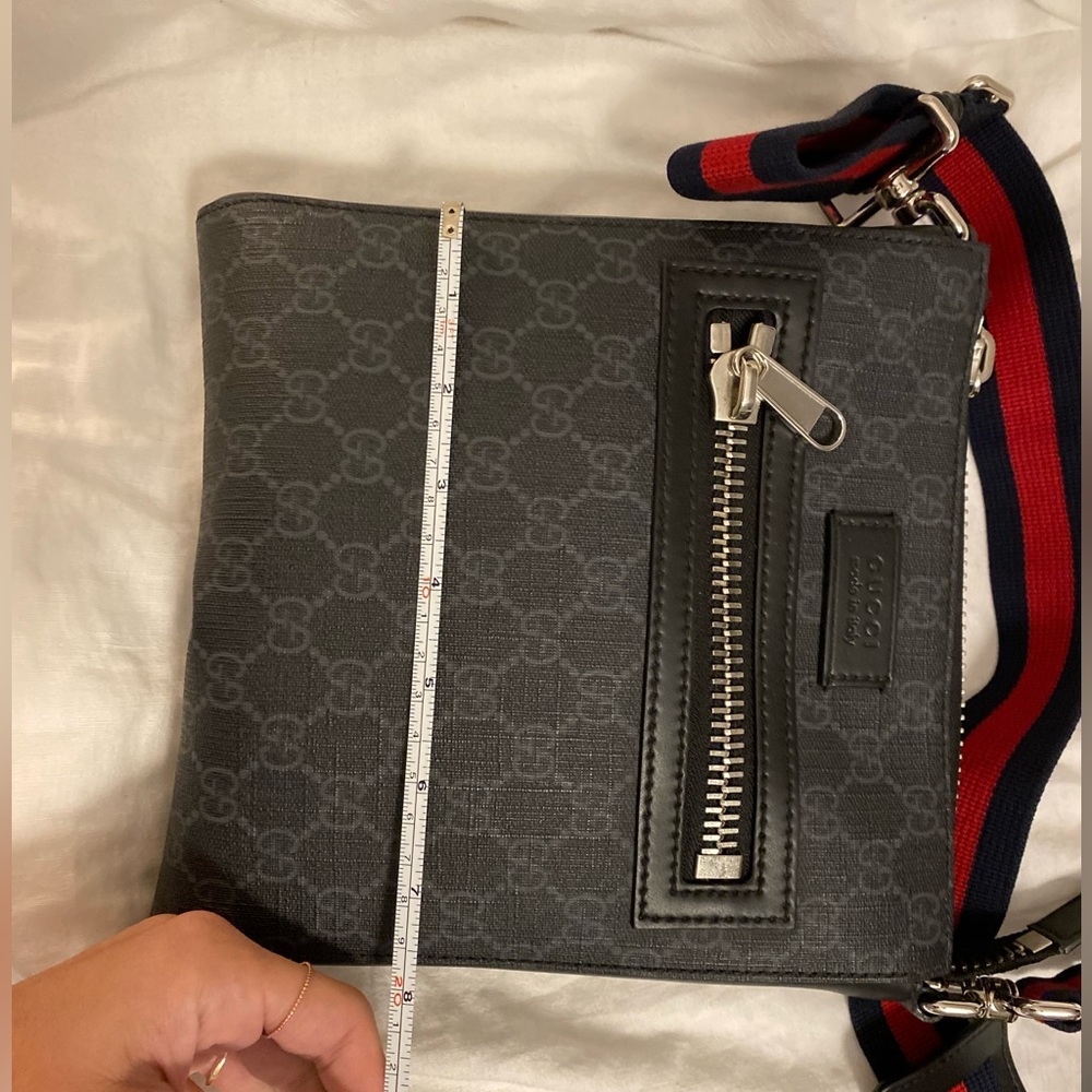 Gucci cross body bag! Black and light grey print with red and navy strap